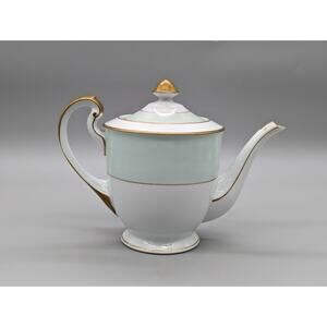 Heirloom Craftsman Japan Porcelain 7.5" Teapot W/ Lid White Gold Rim Mint Green